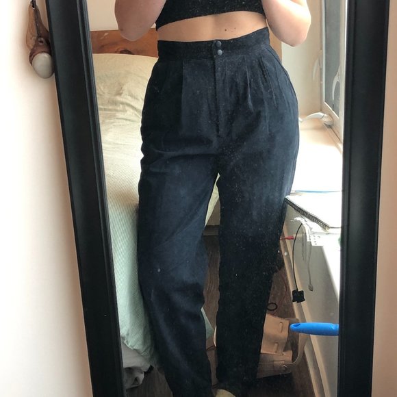 Genuine Suede Danier Leather VINTAGE Dark Navy High-Waisted Trousers - Picture 1 of 8
